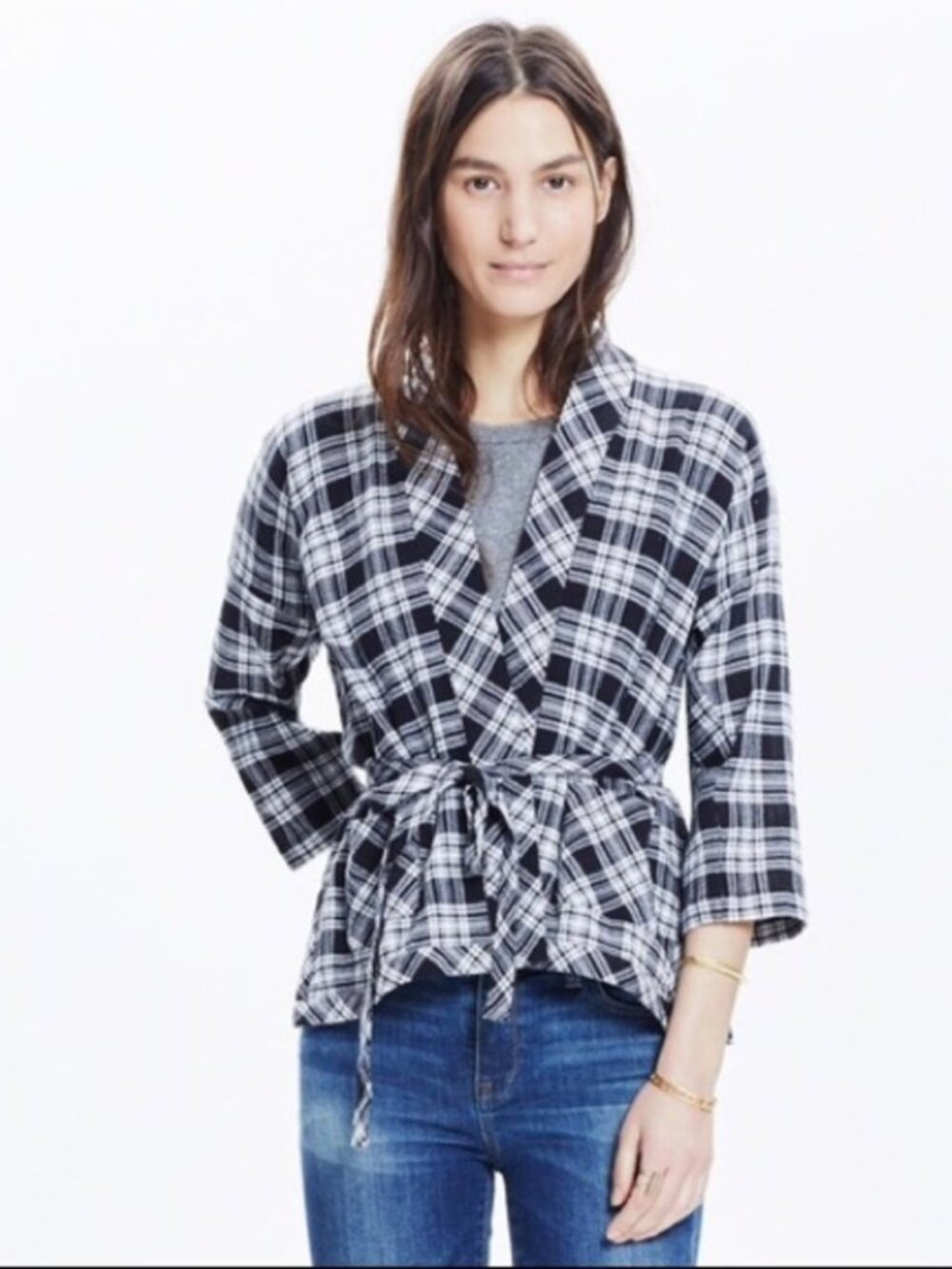 MADEWELL Black/White Rigby Plaid Kimono Wrap Jacket sz XXS
